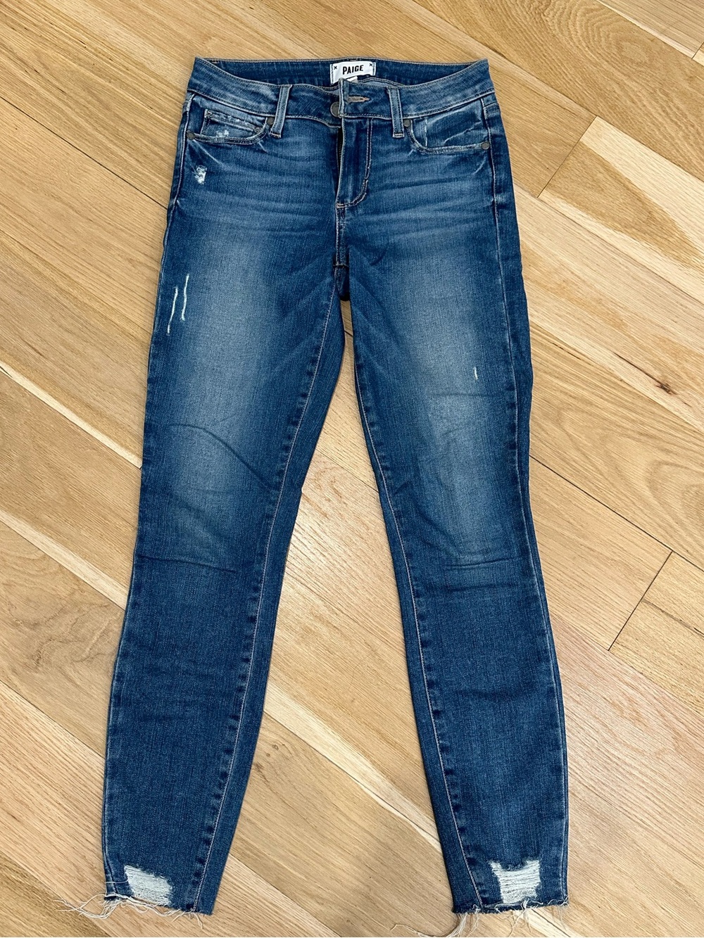 PAIGE Women's Dark Blue Distressed Skinny Jeans | Verdugo Ankle